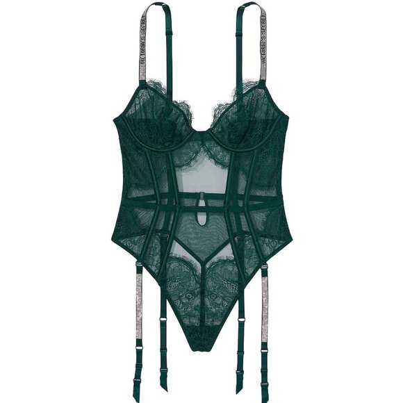 New! Victoria's Secret Green Lingerie Shine Strap Lace Teddy Garter 22864 - Picture 1 of 10